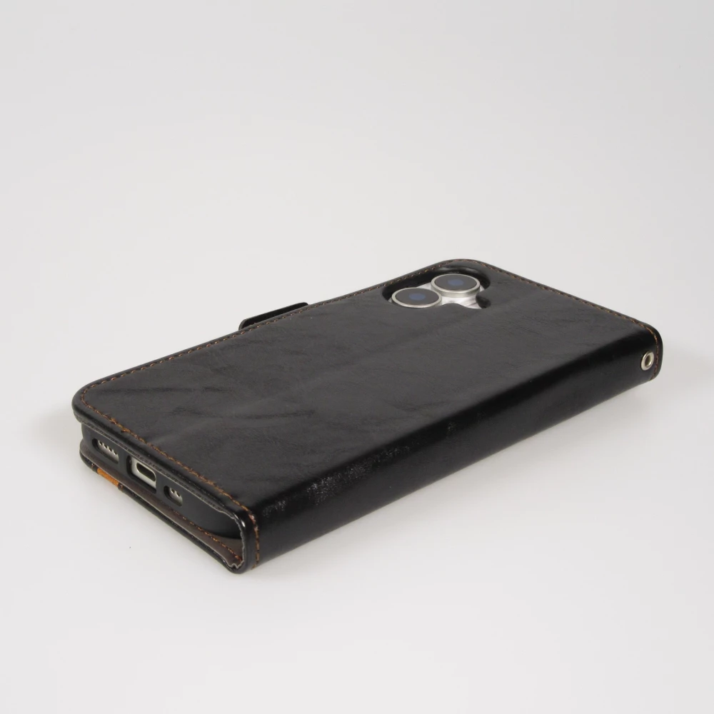 Etui cuir iPhone 17 - Flip Wallet en cuir véritable avec stripe design et compartiment à cartes - Noir