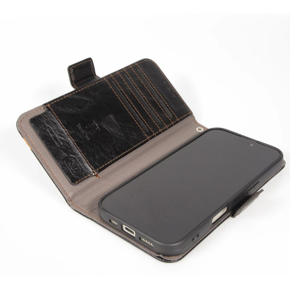 Etui cuir iPhone 17 - Flip Wallet en cuir véritable avec stripe design et compartiment à cartes - Noir