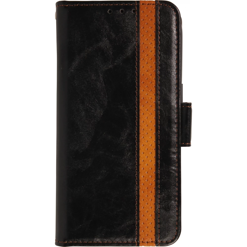 Etui cuir iPhone 17 - Flip Wallet en cuir véritable avec stripe design et compartiment à cartes - Noir