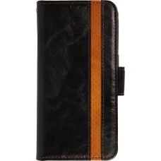 Etui cuir iPhone 17 - Flip Wallet en cuir véritable avec stripe design et compartiment à cartes - Noir