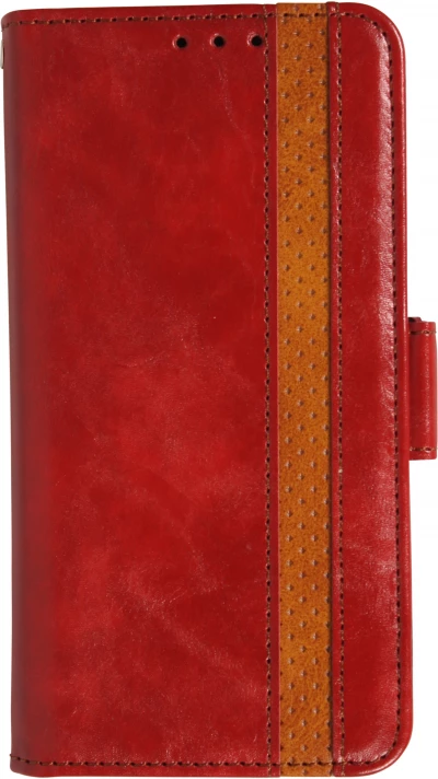 Etui cuir iPhone 17 - Flip Wallet en cuir véritable avec stripe design et compartiment à cartes - Rouge