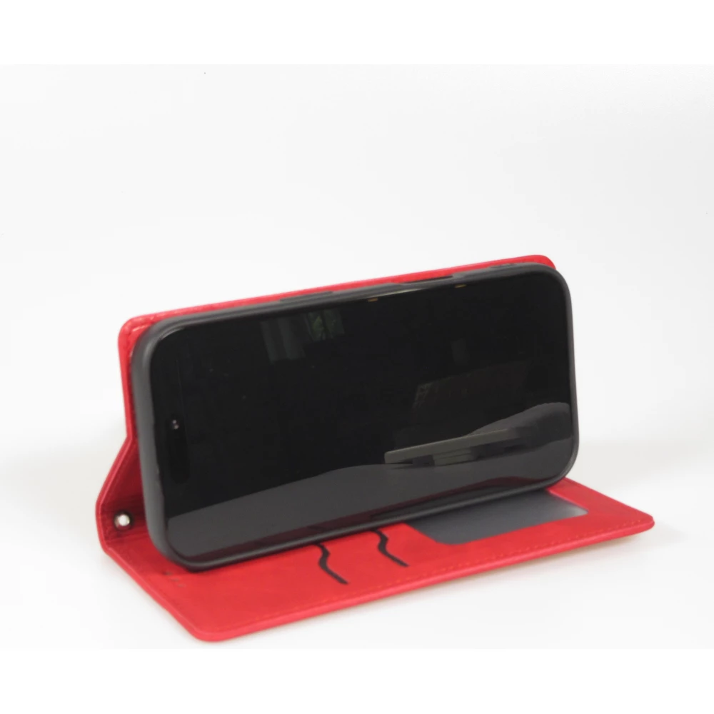 Etui cuir iPhone 17 - Flip Wallet vintage avec fermeture aimantée et compartiment cartes - Rouge
