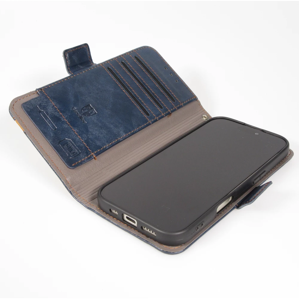 Etui cuir iPhone 17 Pro Max - Flip Wallet en cuir véritable avec stripe design et compartiment à cartes - Bleu