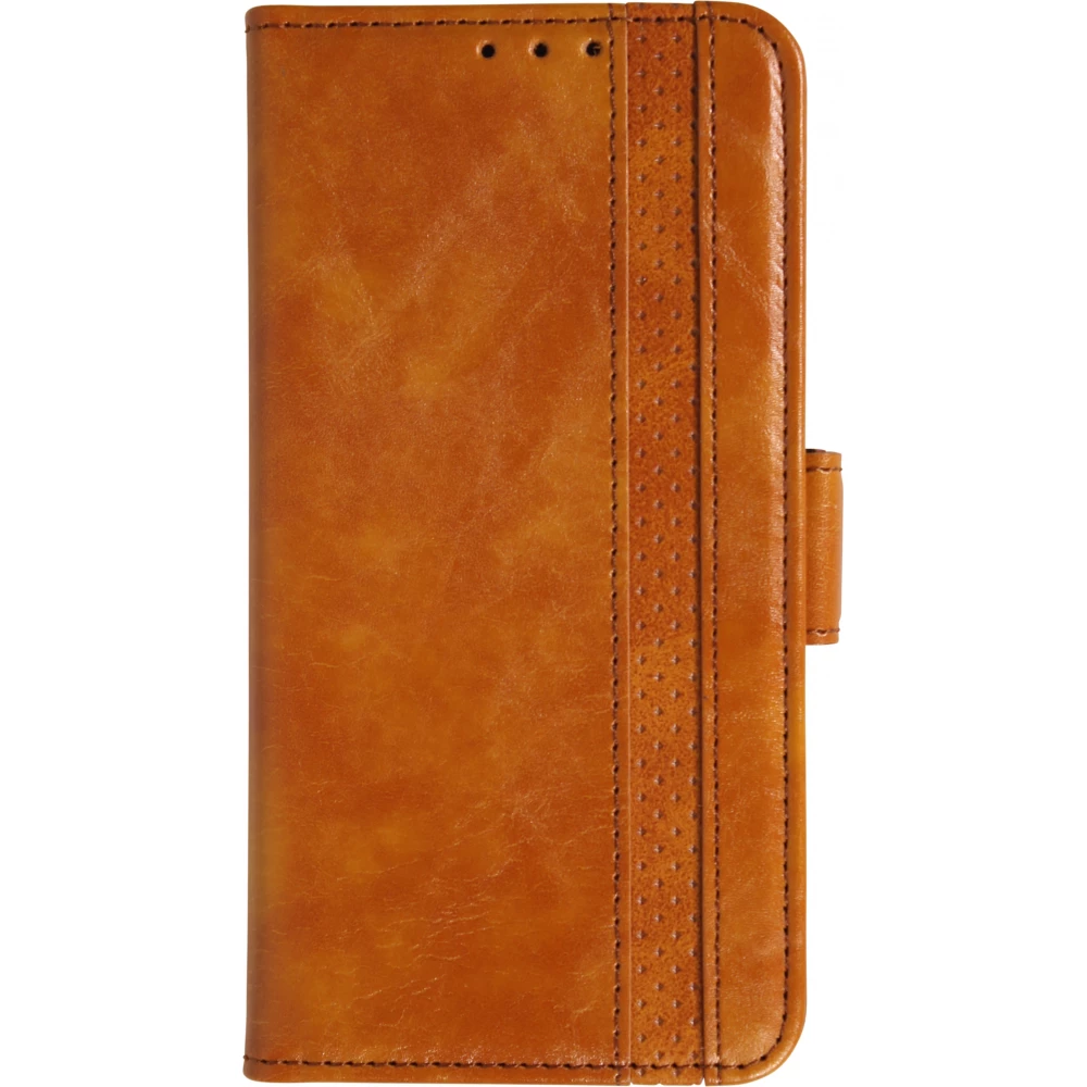 Etui cuir iPhone 17 Pro - Flip Wallet en cuir véritable avec stripe design et compartiment à cartes - Brun clair