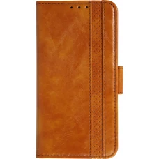 Etui cuir iPhone 17 Pro - Flip Wallet en cuir véritable avec stripe design et compartiment à cartes - Brun clair