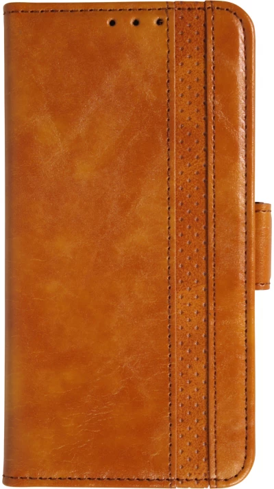 Etui cuir iPhone 17 Pro Max - Flip Wallet en cuir véritable avec stripe design et compartiment à cartes - Brun clair