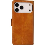 Etui cuir iPhone 17 Pro - Flip Wallet en cuir véritable avec stripe design et compartiment à cartes - Brun clair