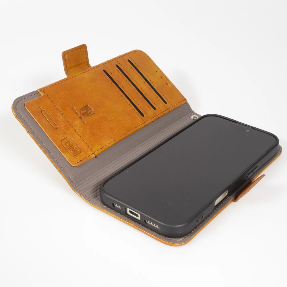 Etui cuir iPhone 17 Pro - Flip Wallet en cuir véritable avec stripe design et compartiment à cartes - Brun clair