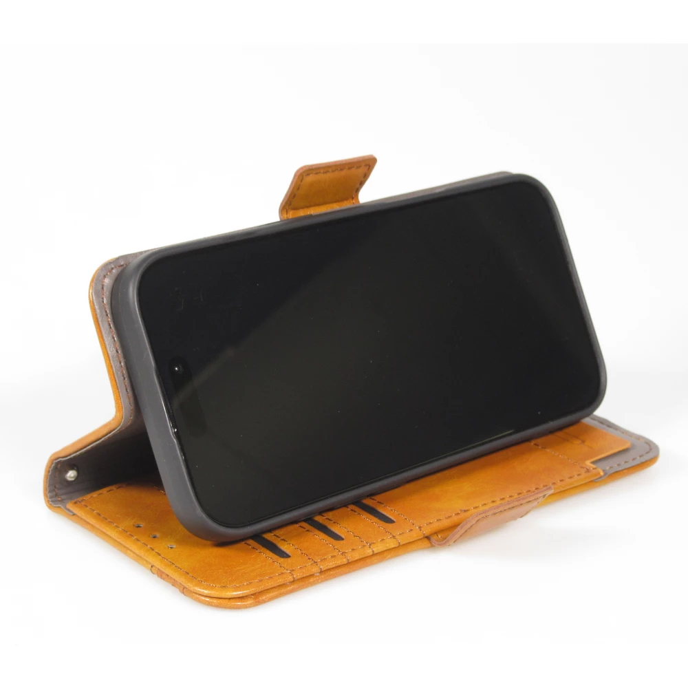 Etui cuir iPhone 17 Pro - Flip Wallet en cuir véritable avec stripe design et compartiment à cartes - Brun clair