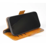 Etui cuir iPhone 17 Pro - Flip Wallet en cuir véritable avec stripe design et compartiment à cartes - Brun clair