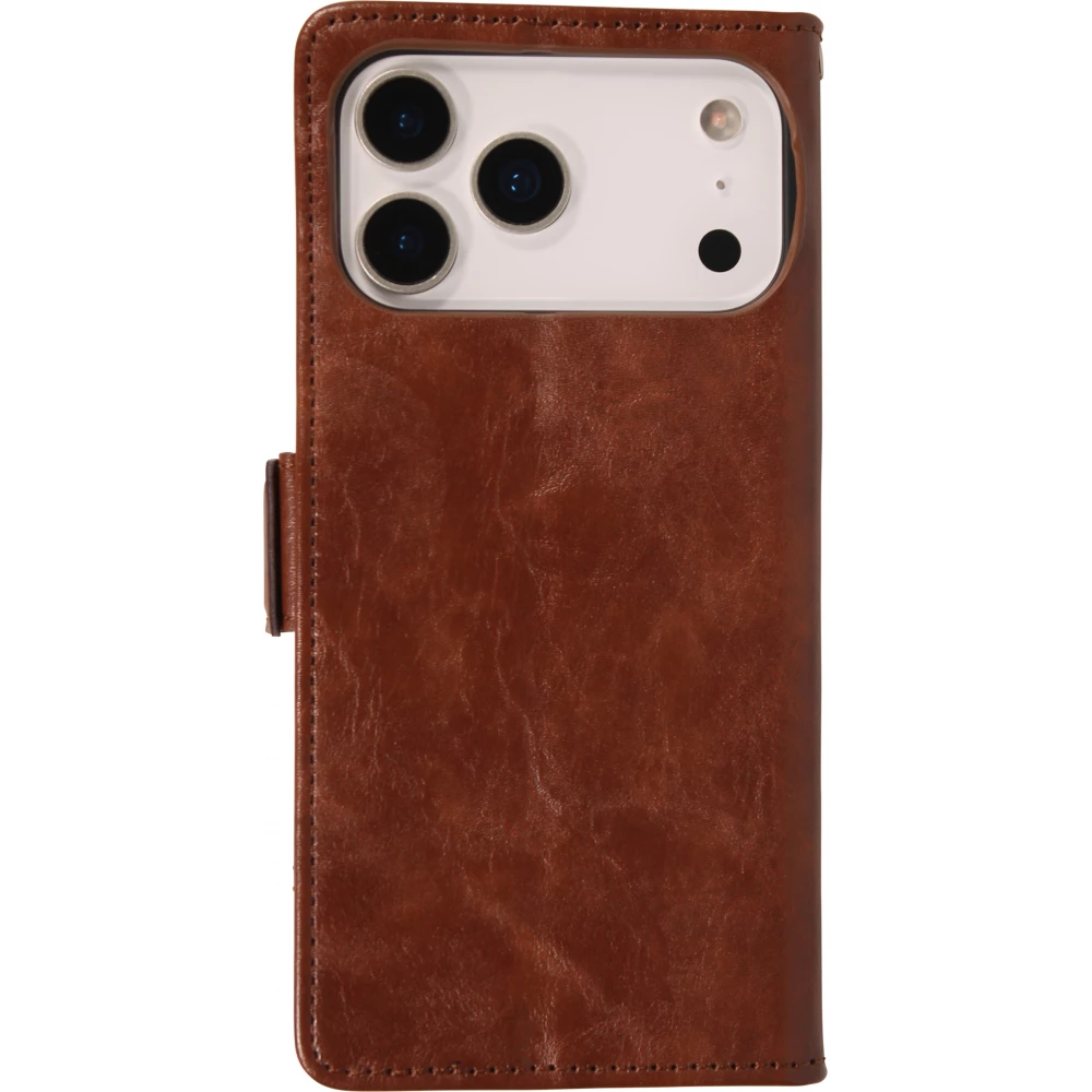 Etui cuir iPhone 17 Pro Max - Flip Wallet en cuir véritable avec stripe design et compartiment à cartes - Brun foncé
