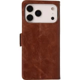 Etui cuir iPhone 17 Pro Max - Flip Wallet en cuir véritable avec stripe design et compartiment à cartes - Brun foncé