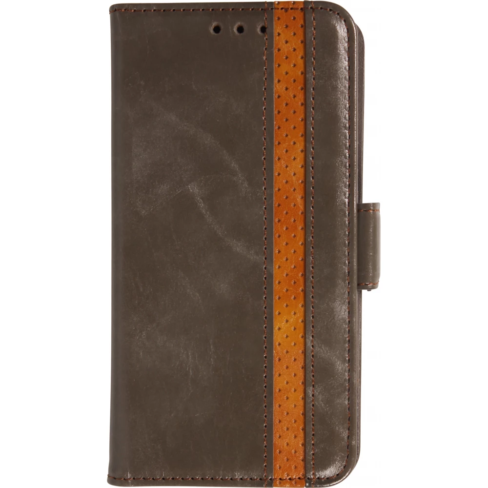 Etui cuir iPhone 17 Pro - Flip Wallet en cuir véritable avec stripe design et compartiment à cartes - Gris