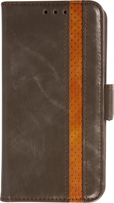 iPhone 17 Pro Max Leder Tasche - Flip Wallet Echtleder mit Akzentstreifen & Kartenhalter - Grau