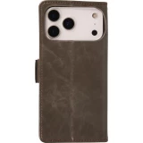 Etui cuir iPhone 17 Pro - Flip Wallet en cuir véritable avec stripe design et compartiment à cartes - Gris