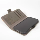 Etui cuir iPhone 17 Pro - Flip Wallet en cuir véritable avec stripe design et compartiment à cartes - Gris