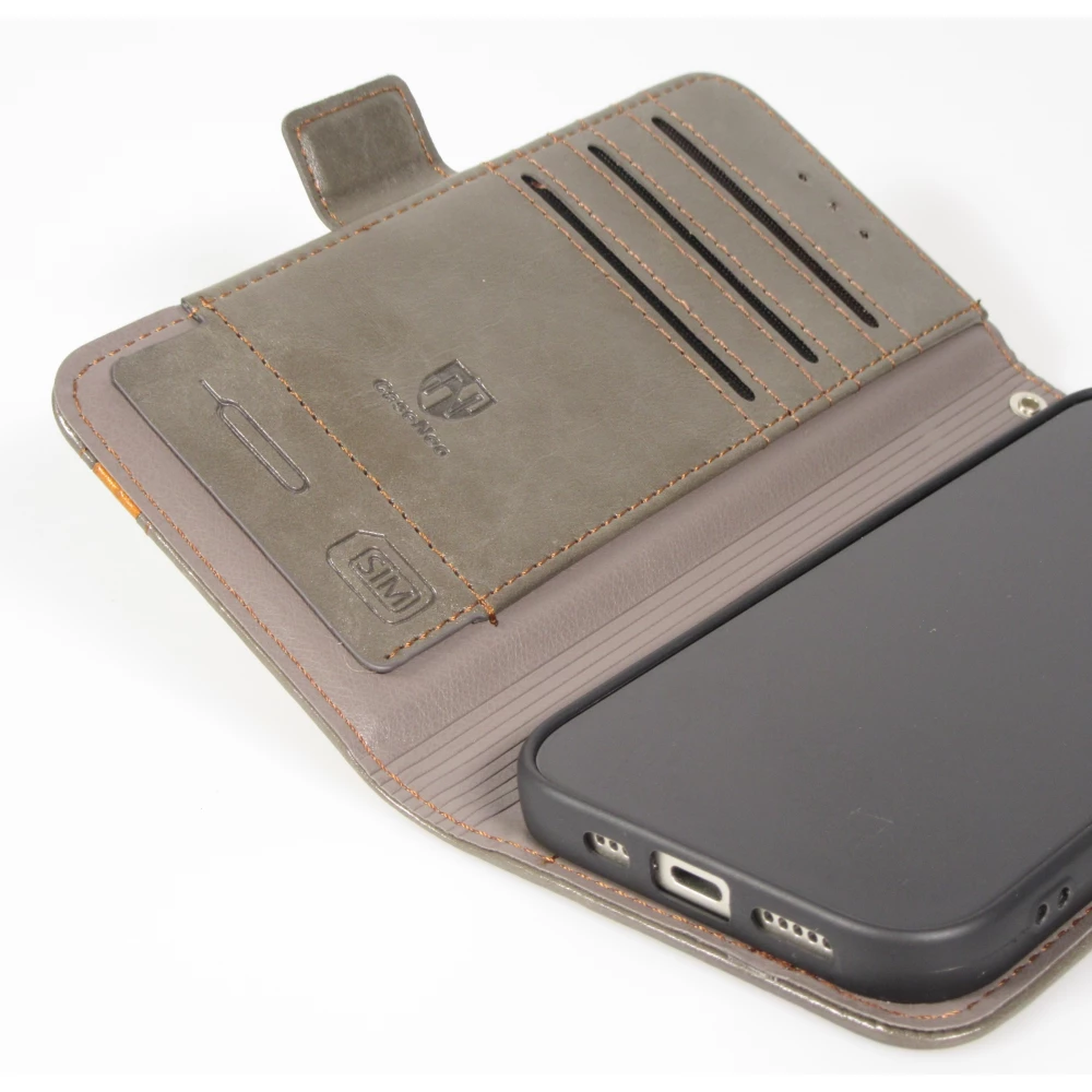 Etui cuir iPhone 17 Pro - Flip Wallet en cuir véritable avec stripe design et compartiment à cartes - Gris