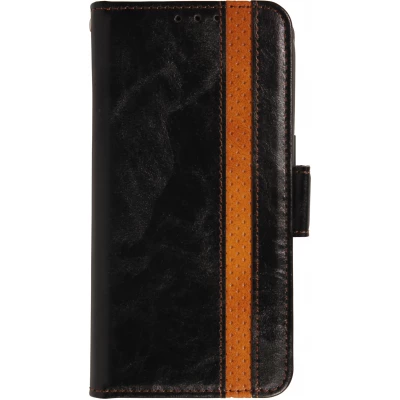 Etui cuir iPhone 17 Pro - Flip Wallet en cuir véritable avec stripe design et compartiment à cartes - Noir