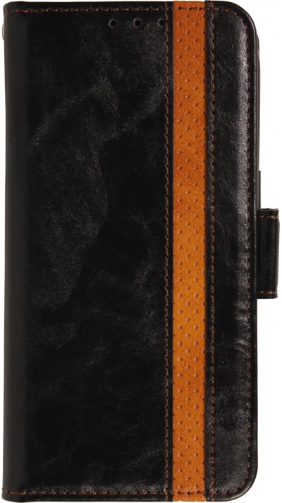 Etui cuir iPhone 17 Pro Max - Flip Wallet en cuir véritable avec stripe design et compartiment à cartes - Noir