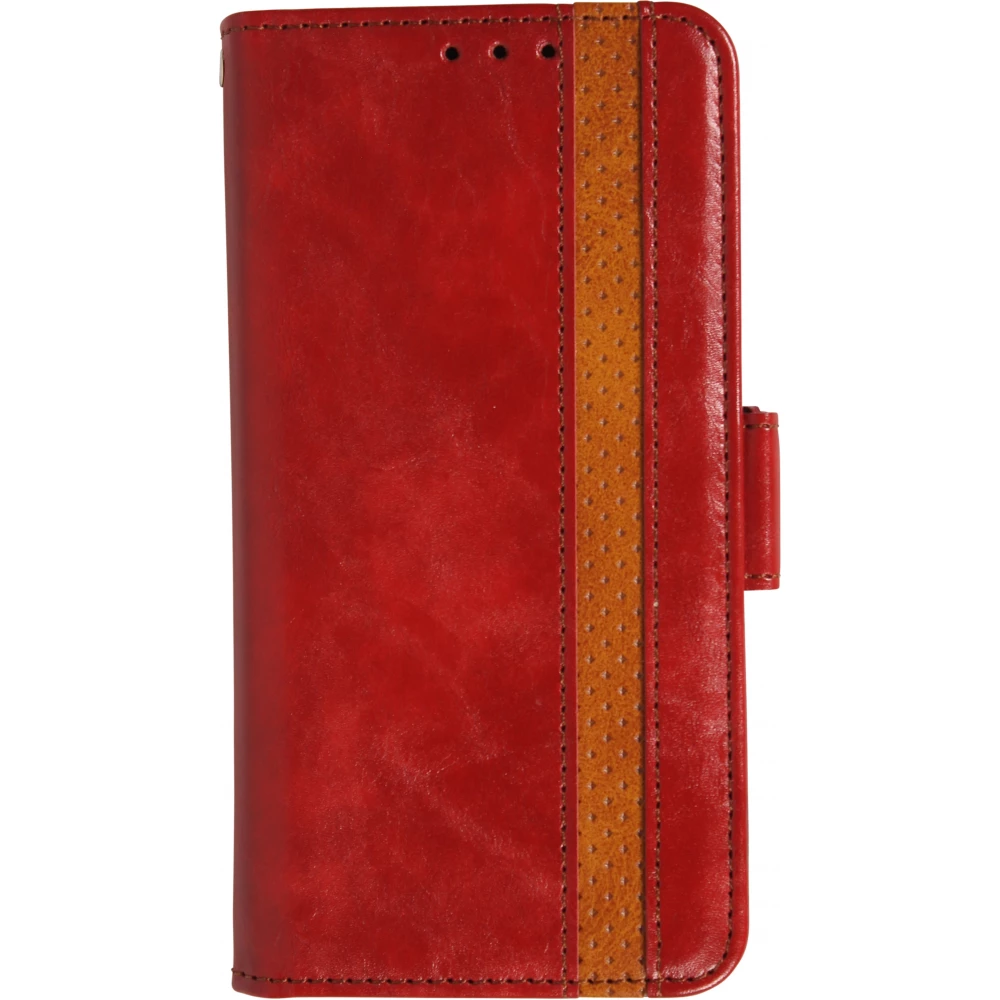 Etui cuir iPhone 17 Pro - Flip Wallet en cuir véritable avec stripe design et compartiment à cartes - Rouge