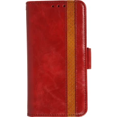 Etui cuir iPhone 17 Pro - Flip Wallet en cuir véritable avec stripe design et compartiment à cartes - Rouge