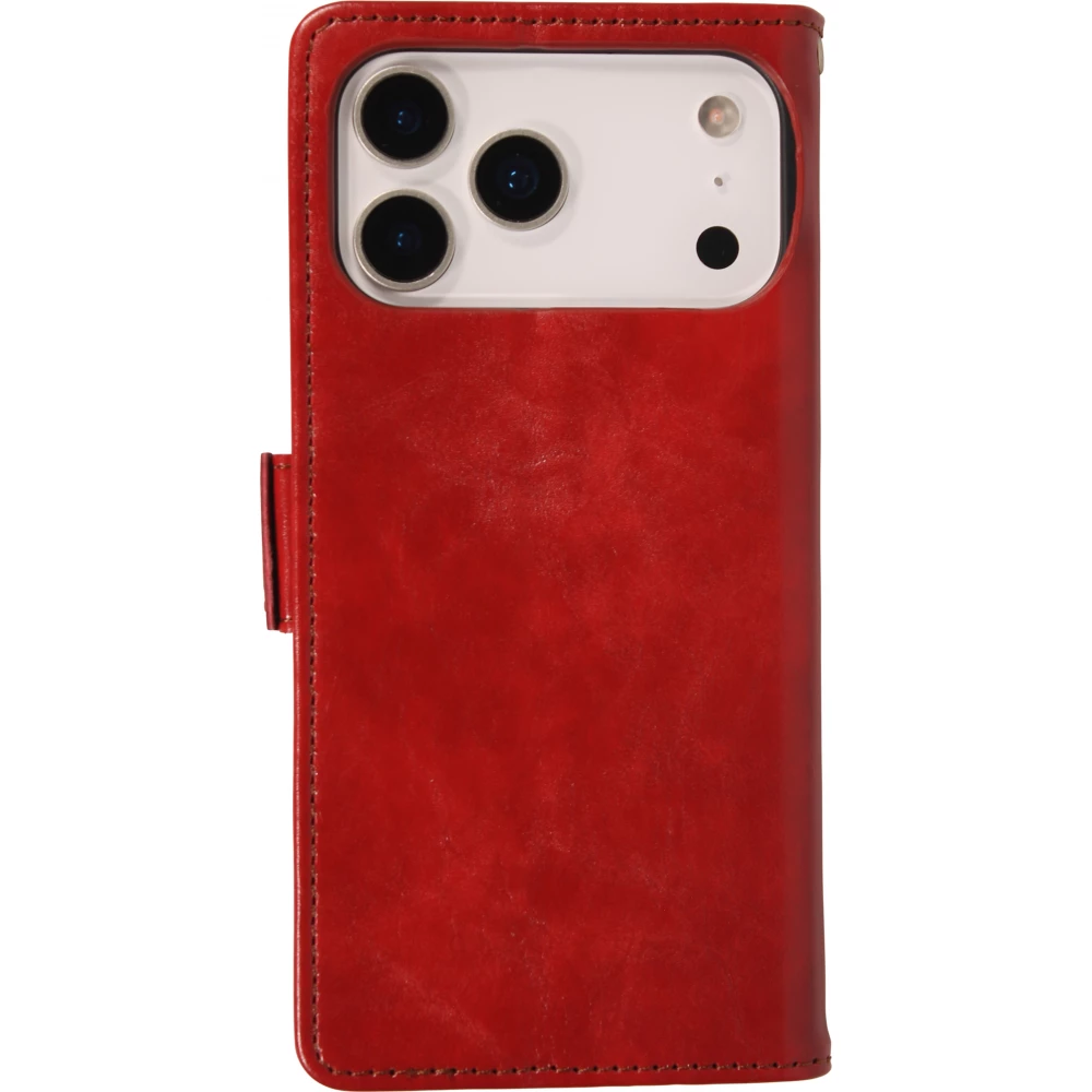 Etui cuir iPhone 17 Pro - Flip Wallet en cuir véritable avec stripe design et compartiment à cartes - Rouge