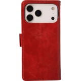 Etui cuir iPhone 17 Pro - Flip Wallet en cuir véritable avec stripe design et compartiment à cartes - Rouge