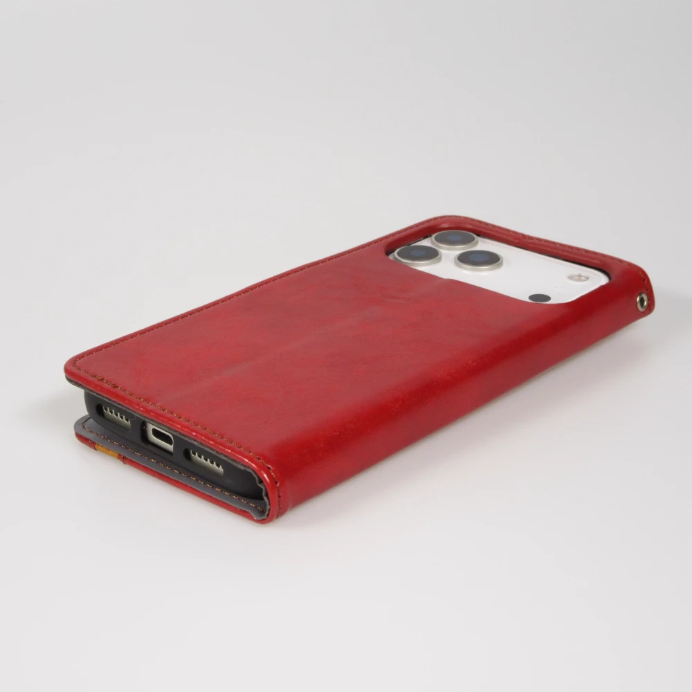 Etui cuir iPhone 17 Pro - Flip Wallet en cuir véritable avec stripe design et compartiment à cartes - Rouge