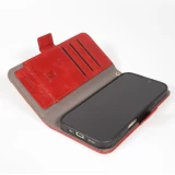 Etui cuir iPhone 17 Pro - Flip Wallet en cuir véritable avec stripe design et compartiment à cartes - Rouge