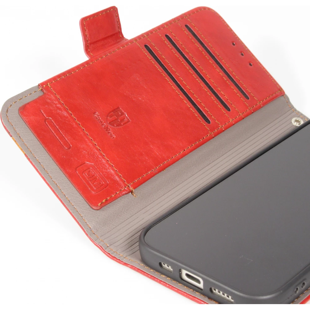 Etui cuir iPhone 17 Pro - Flip Wallet en cuir véritable avec stripe design et compartiment à cartes - Rouge
