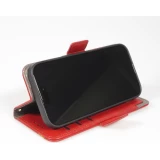 Etui cuir iPhone 17 Pro - Flip Wallet en cuir véritable avec stripe design et compartiment à cartes - Rouge