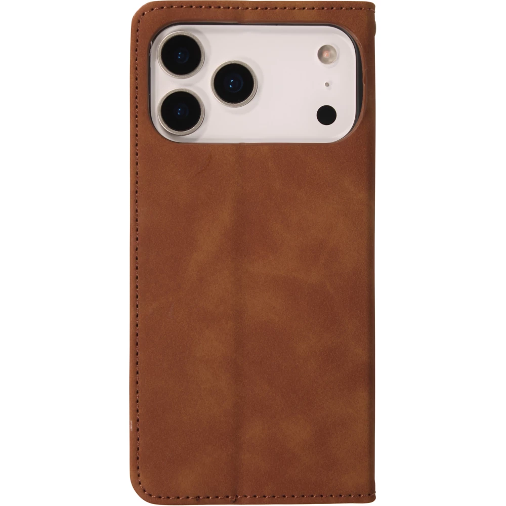 Etui cuir iPhone 17 Pro - Flip Wallet vintage avec fermeture aimantée et compartiment cartes - Brun