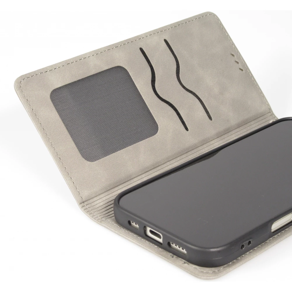 Etui cuir iPhone 17 Pro - Flip Wallet vintage avec fermeture aimantée et compartiment cartes - Gris