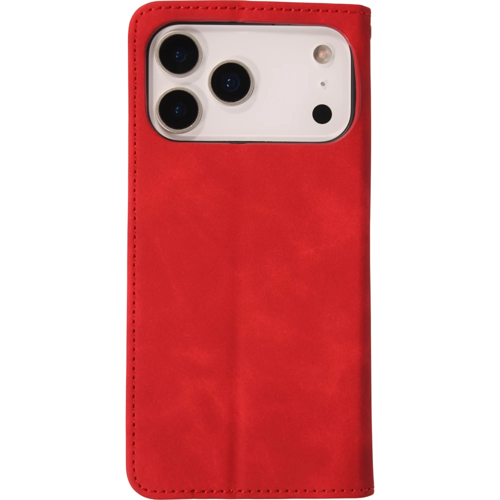 Etui cuir iPhone 17 Pro - Flip Wallet vintage avec fermeture aimantée et compartiment cartes - Rouge