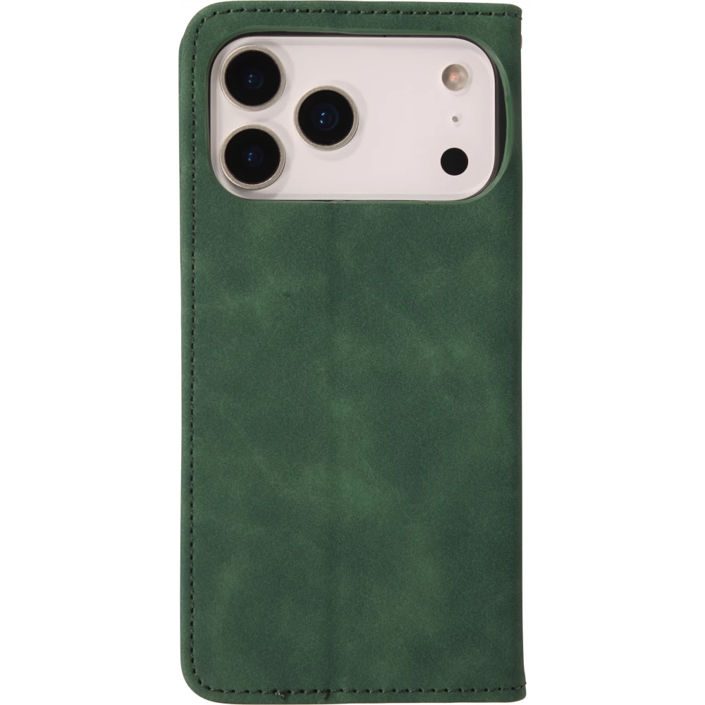 Etui cuir iPhone 17 Pro - Flip Wallet vintage avec fermeture aimantée et compartiment cartes - Vert foncé