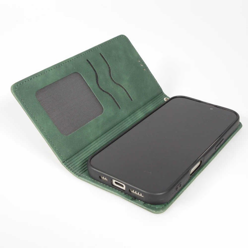 Etui cuir iPhone 17 Pro - Flip Wallet vintage avec fermeture aimantée et compartiment cartes - Vert foncé