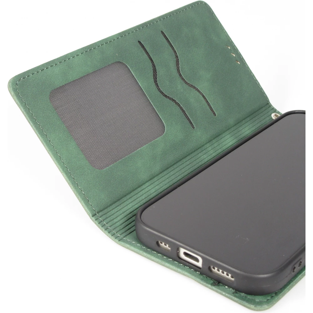 Etui cuir iPhone 17 Pro - Flip Wallet vintage avec fermeture aimantée et compartiment cartes - Vert foncé