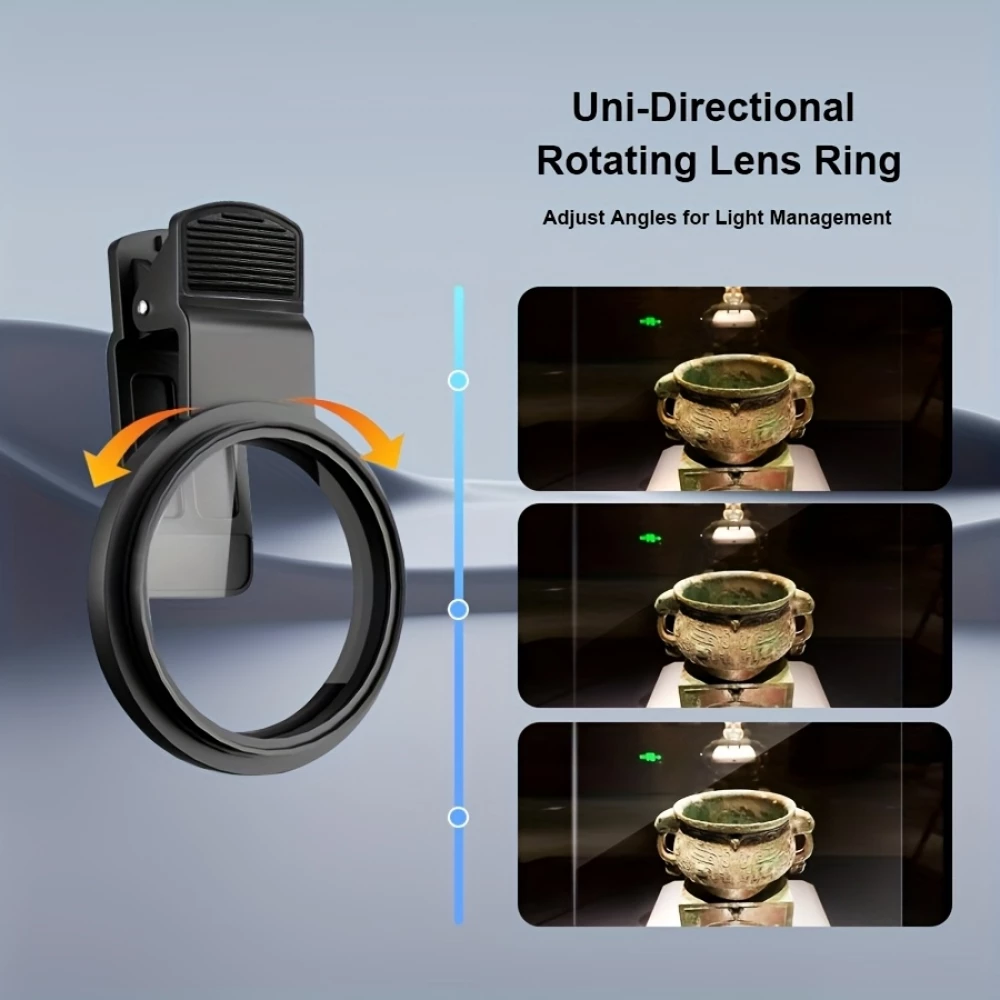 Professioneller Polarisationsfilter f&uuml;r Smartphone (iPhone, Samsung) mit drehbarem Clip, HD-Farbenwiederherstellung - Schwarz