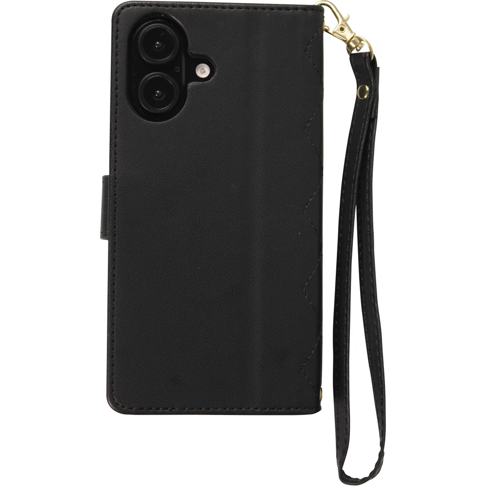iPhone 16 Case H&uuml;lle - Elegante Flip-Matratze mit Magnetverschluss Trageschlaufe und Kartenf&auml;chern - Schwarz