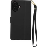 iPhone 16 Case H&uuml;lle - Elegante Flip-Matratze mit Magnetverschluss Trageschlaufe und Kartenf&auml;chern - Schwarz