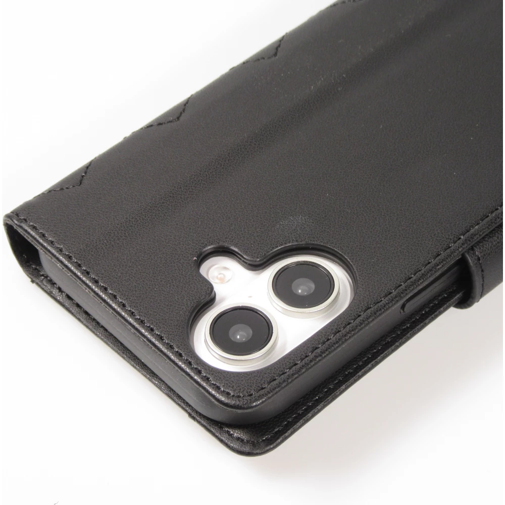 iPhone 16 Case H&uuml;lle - Elegante Flip-Matratze mit Magnetverschluss Trageschlaufe und Kartenf&auml;chern - Schwarz