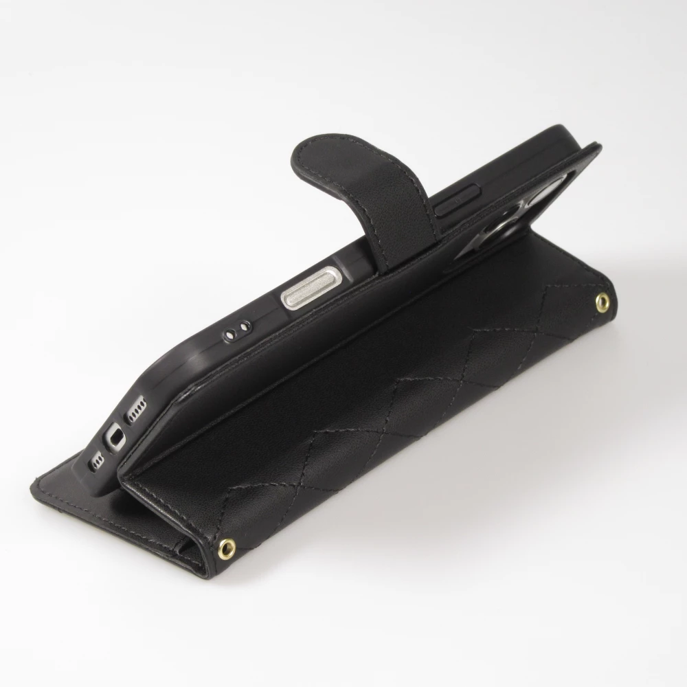 iPhone 16 Case H&uuml;lle - Elegante Flip-Matratze mit Magnetverschluss Trageschlaufe und Kartenf&auml;chern - Schwarz