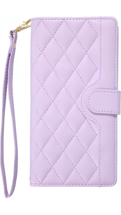 Fourre iPhone 16 - Flip matelass&eacute; &eacute;l&eacute;gant avec fermeture magn&eacute;tique et lani&egrave;re et emplacements pour cartes - Violet clair