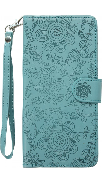 Fourre iPhone 16 - Flip porte-cartes dessins fleurs avec lani&egrave;re - Bleu fonc&eacute;