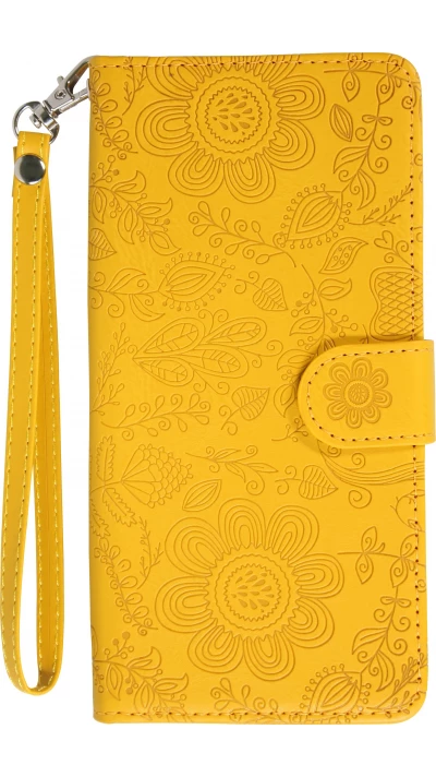 Fourre iPhone 16 - Flip porte-cartes dessins fleurs avec lani&egrave;re - Jaune