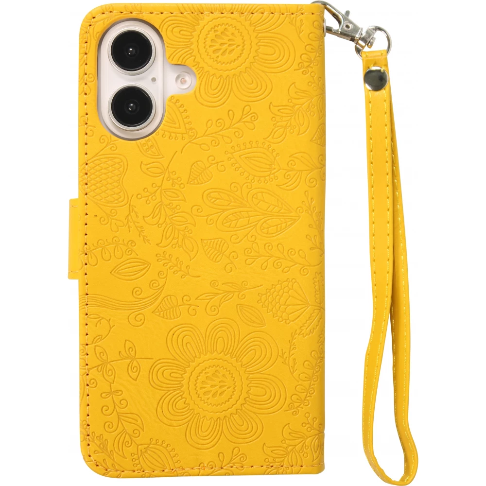 iPhone 16 Case H&uuml;lle - Flip Kartenetui Blumenmuster mit Lanyard - Gelb