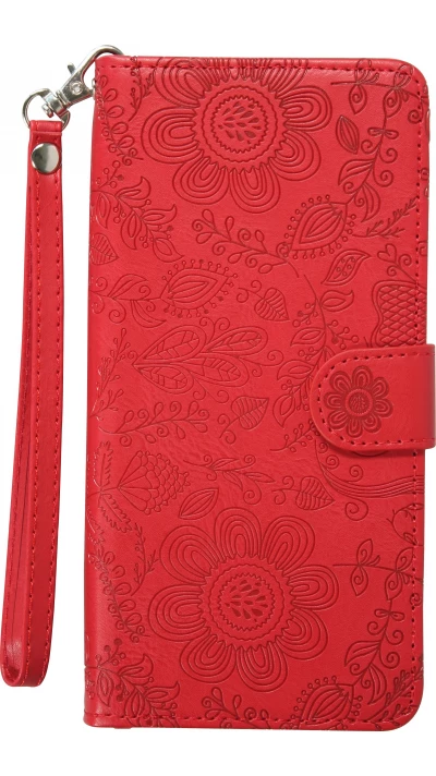 Fourre iPhone 16 - Flip porte-cartes dessins fleurs avec lani&egrave;re - Rouge