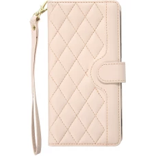 Fourre iPhone 16 Pro - Flip matelass&eacute; &eacute;l&eacute;gant avec fermeture magn&eacute;tique et lani&egrave;re et emplacements pour cartes - Beige