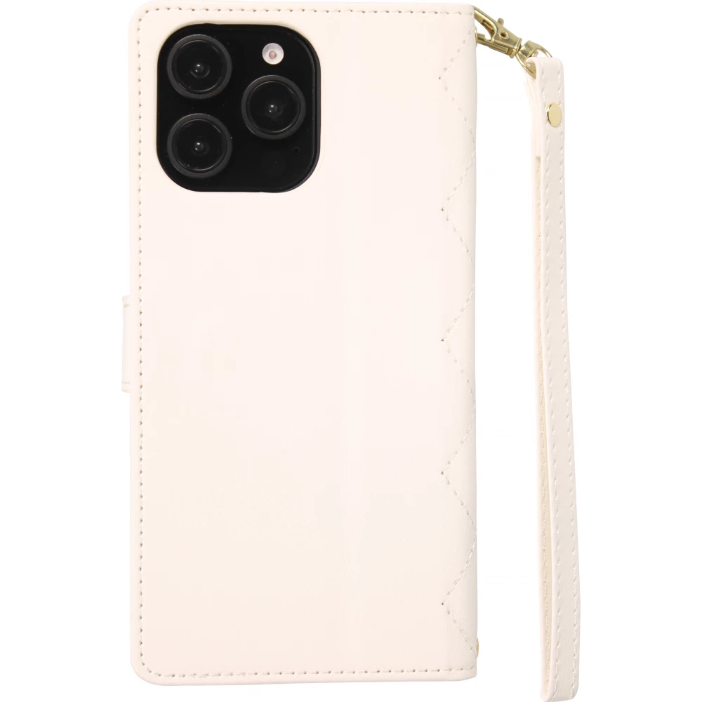 Fourre iPhone 16 Pro - Flip matelass&eacute; &eacute;l&eacute;gant avec fermeture magn&eacute;tique et lani&egrave;re et emplacements pour cartes - Blanc