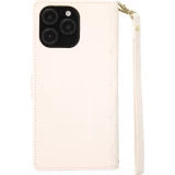 Fourre iPhone 16 Pro - Flip matelass&eacute; &eacute;l&eacute;gant avec fermeture magn&eacute;tique et lani&egrave;re et emplacements pour cartes - Blanc
